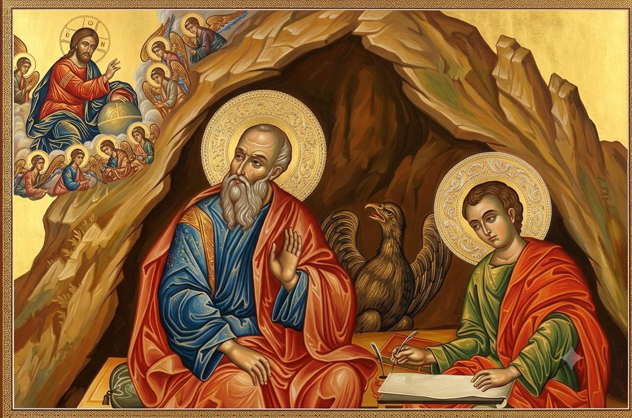 Icon of Saint John the Theologian on Patmos, seated in a cave dictating the Revelation to his disciple Prochorus, with a vision of Christ in glory and attending angels above
